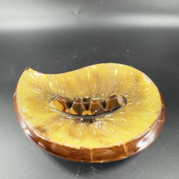 Vintage Mid Century Ceramic RedWare Pottery Ashtray Dish Brown Yellow Drip Glaze - Picture 10 of 13